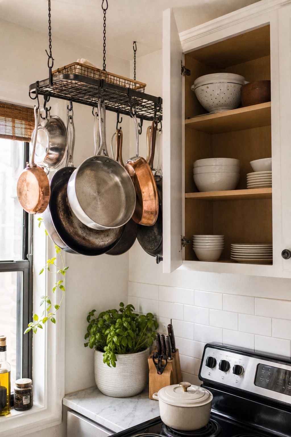 Hang a Pot Rack From the Ceiling or Wall to Clear Two Full Cabinet Shelves small apartment idea for Top 20 Small Apartment Kitchen Storage Ideas That Double Your Counter Space.