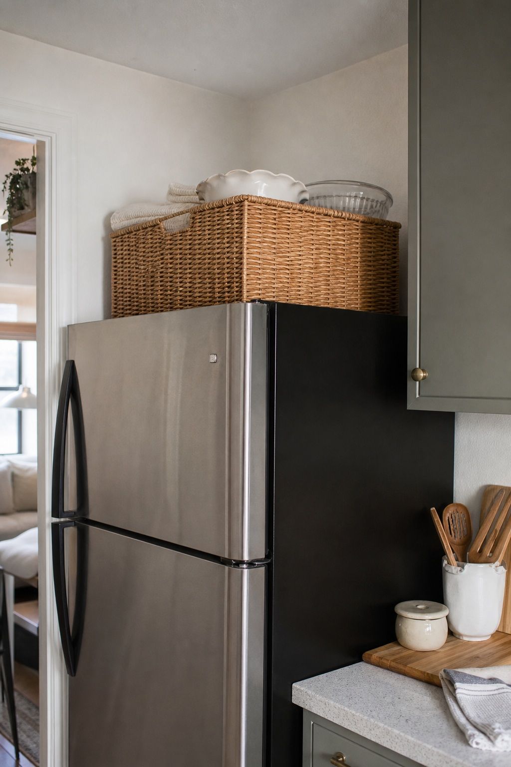 Use the Top of Your Fridge for a Basket of Rarely Used Items small apartment idea for Top 20 Small Apartment Kitchen Storage Ideas That Double Your Counter Space.