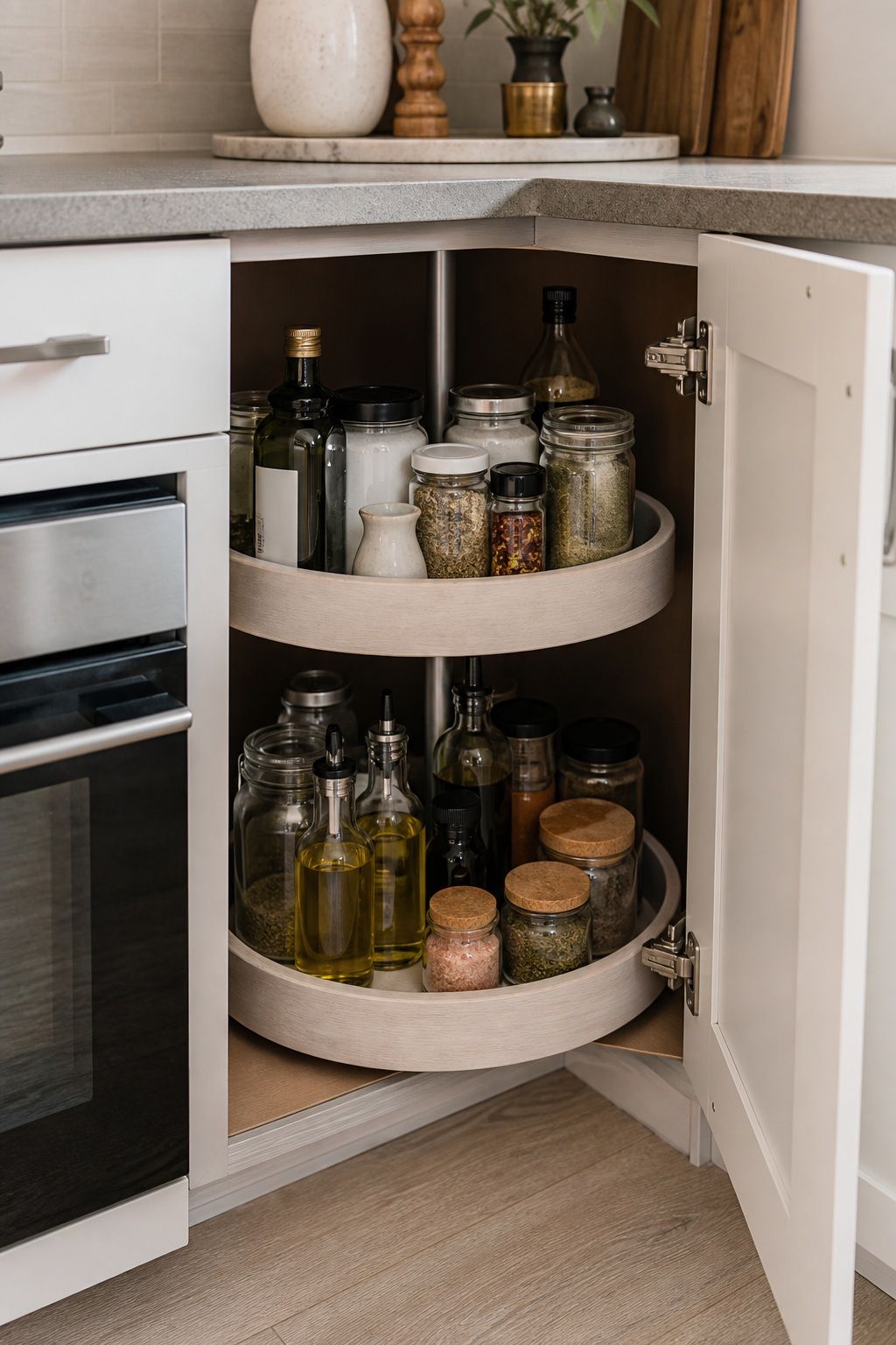 Use a Lazy Susan on Corner Shelves and Inside Deep Cabinets small apartment idea for Top 20 Small Apartment Kitchen Storage Ideas That Double Your Counter Space.