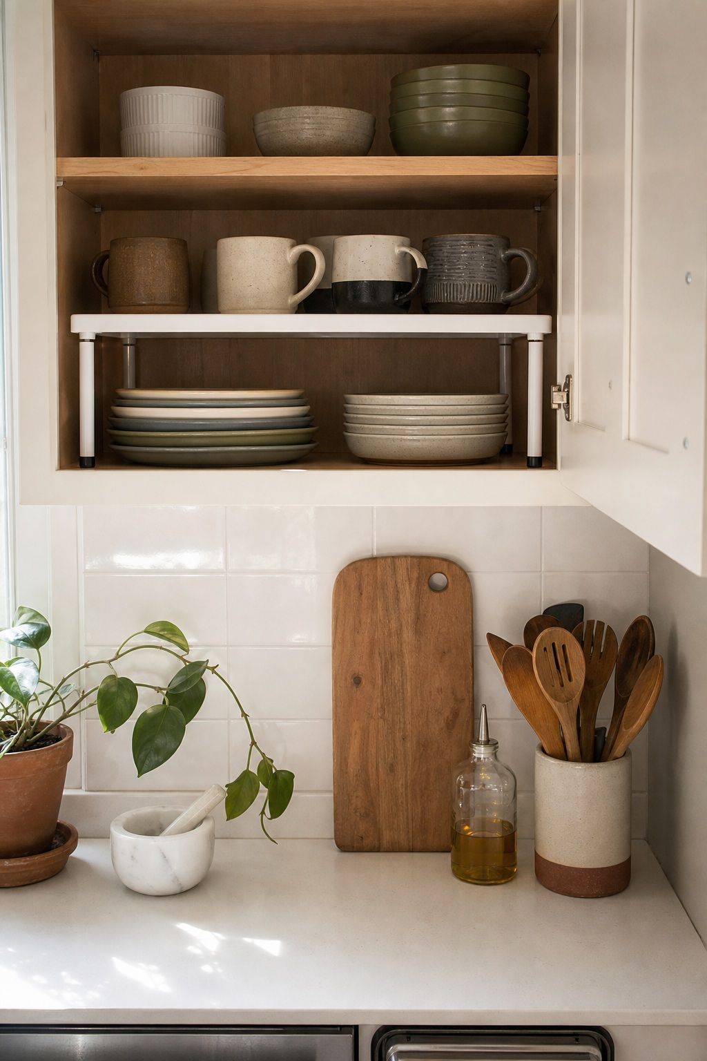 Stack a Cabinet Riser to Double the Shelf Inside Upper Cabinets small apartment idea for Top 20 Small Apartment Kitchen Storage Ideas That Double Your Counter Space.