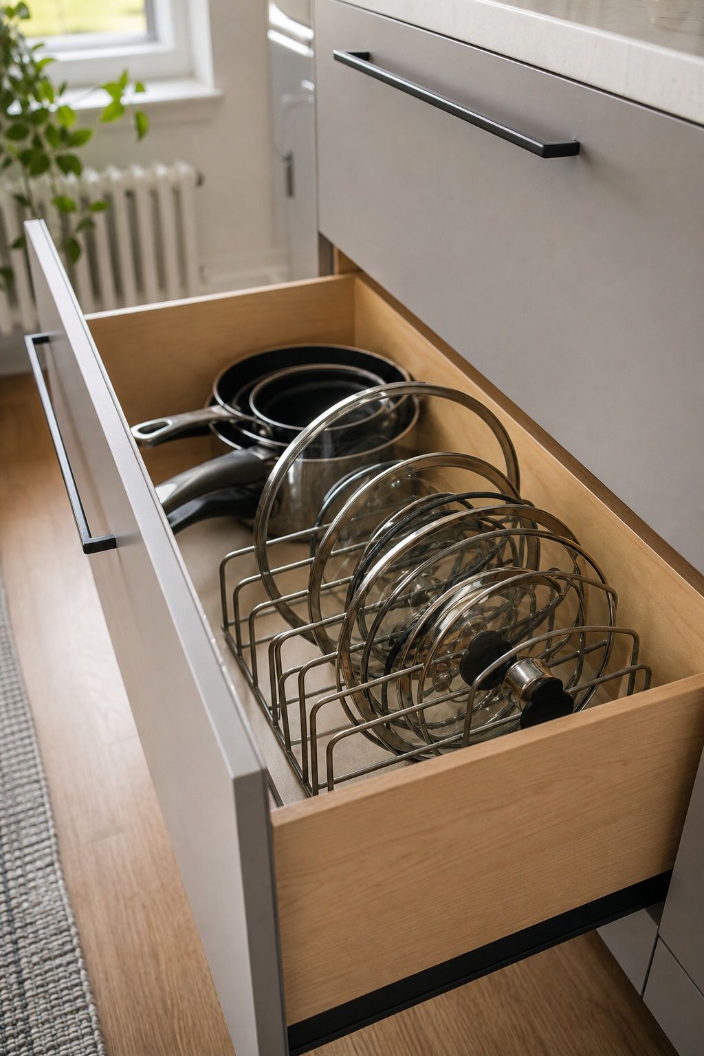 Store Pan Lids Vertically Using a File Organizer or Lid Rack small apartment idea for Top 20 Small Apartment Kitchen Storage Ideas That Double Your Counter Space.