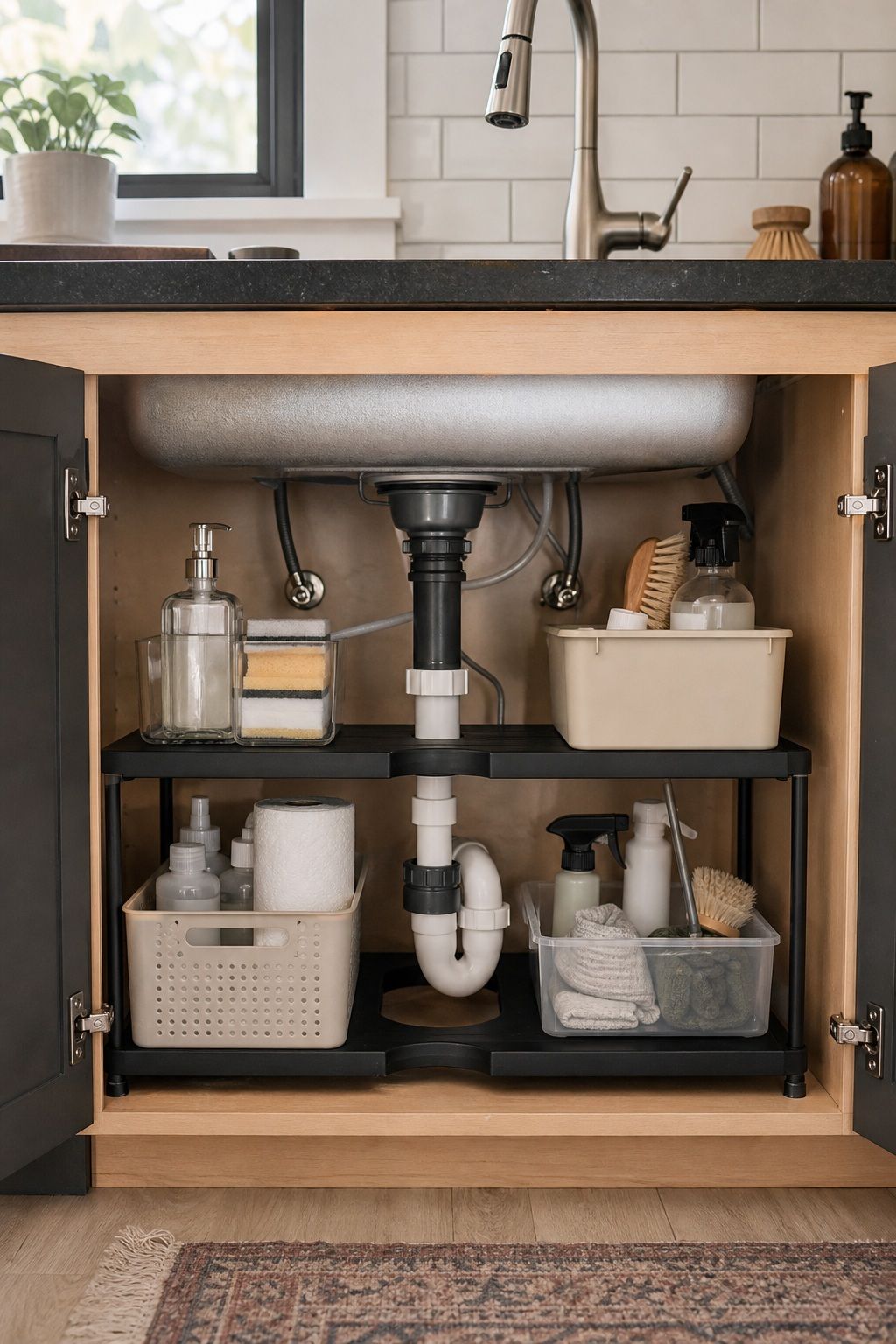Install a Two-Tier Under-Sink Organizer Around the Pipes small apartment idea for Top 20 Small Apartment Kitchen Storage Ideas That Double Your Counter Space.