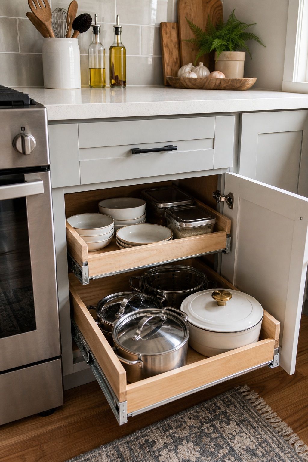 Use a Pull-Out Drawer Insert to Reach the Back Without Emptying the Front small apartment idea for Top 20 Small Apartment Kitchen Storage Ideas That Double Your Counter Space.