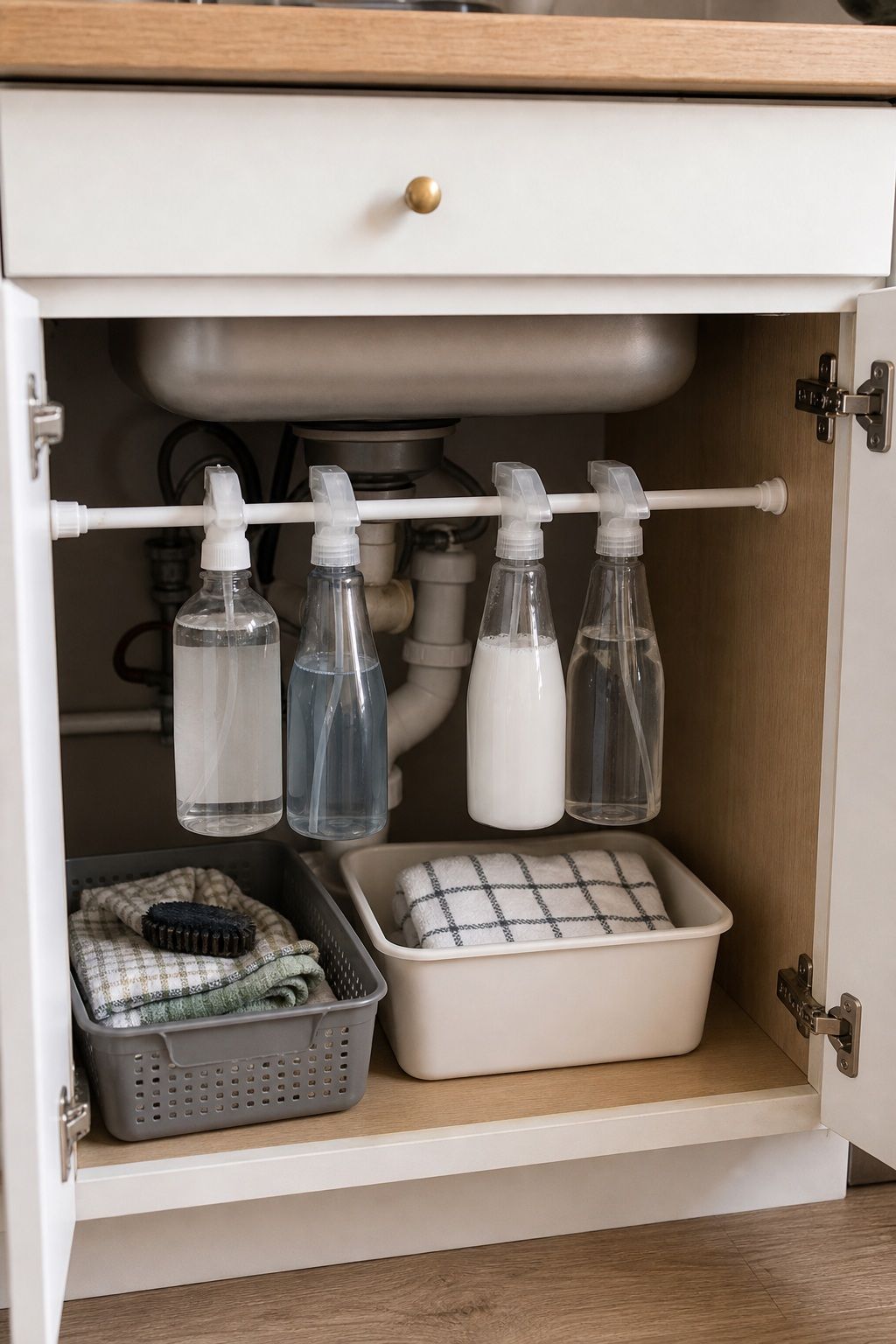 Hang a Small Tension Rod Under the Sink for Spray Bottle Storage small apartment idea for Top 20 Small Apartment Kitchen Storage Ideas That Double Your Counter Space.