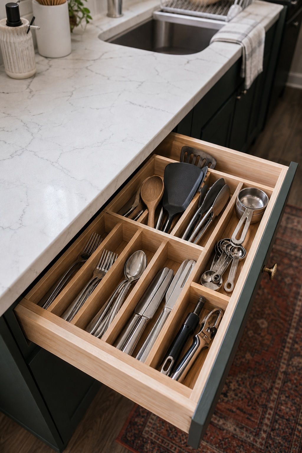 Use Drawer Dividers to Assign Every Utensil a Fixed Spot small apartment idea for Top 20 Small Apartment Kitchen Storage Ideas That Double Your Counter Space.