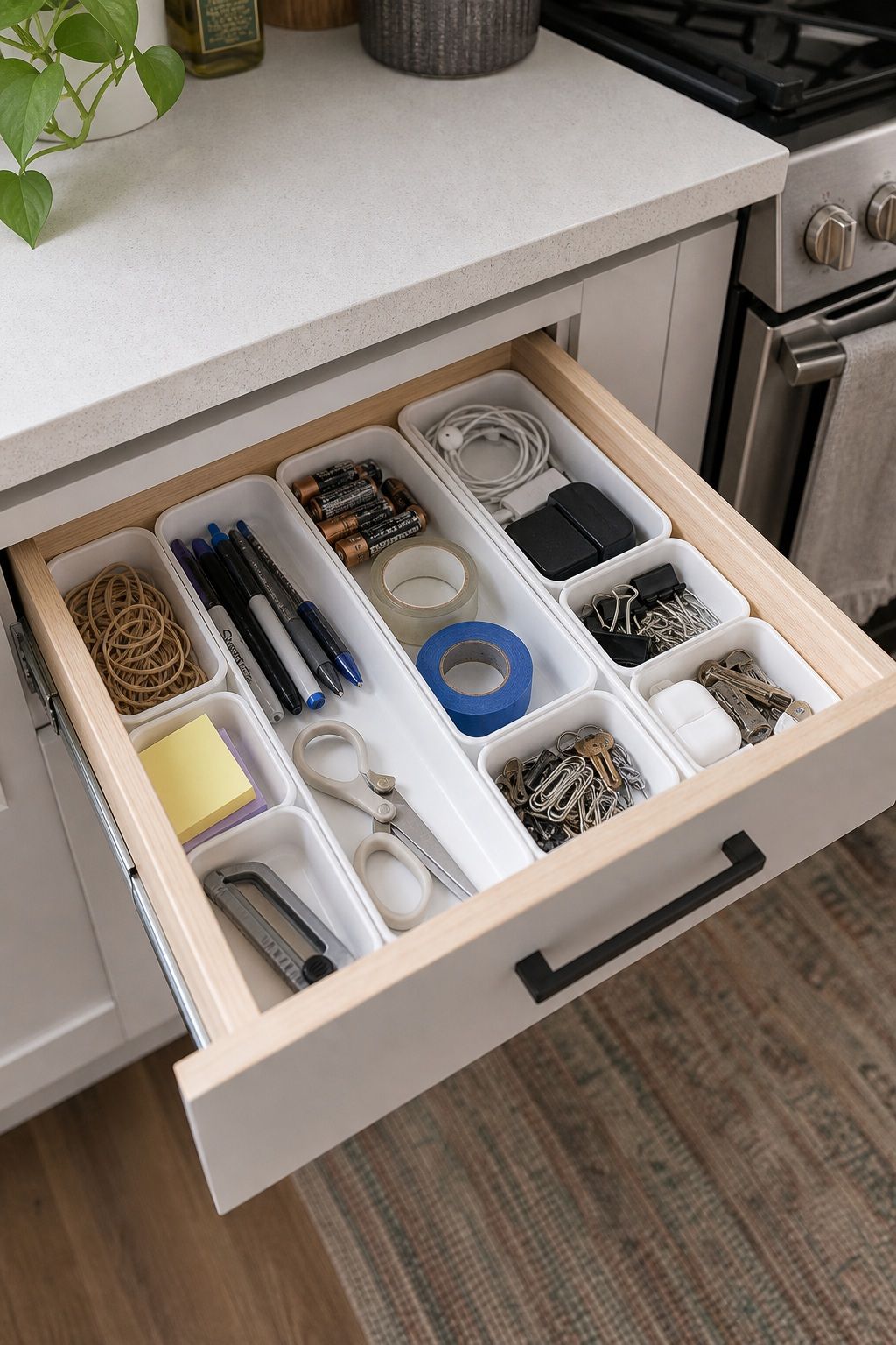Designate One Junk Drawer and Only One small apartment idea for Top 20 Small Apartment Kitchen Storage Ideas That Double Your Counter Space.