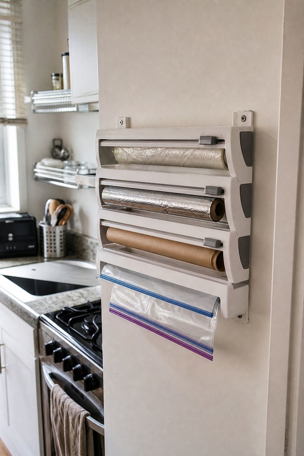 Store Plastic Wrap, Foil, and Bags in a Wall-Mounted Dispenser small apartment idea for Top 20 Small Apartment Kitchen Storage Ideas That Double Your Counter Space.