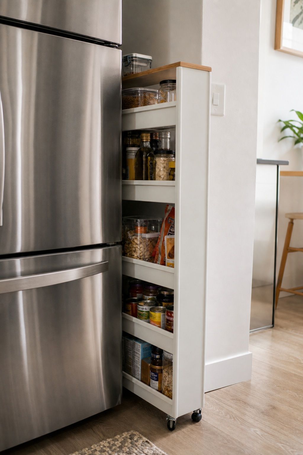 Use a Slim Rolling Cart Between the Fridge and Wall as a Pantry small apartment idea for Top 20 Small Apartment Kitchen Storage Ideas That Double Your Counter Space.