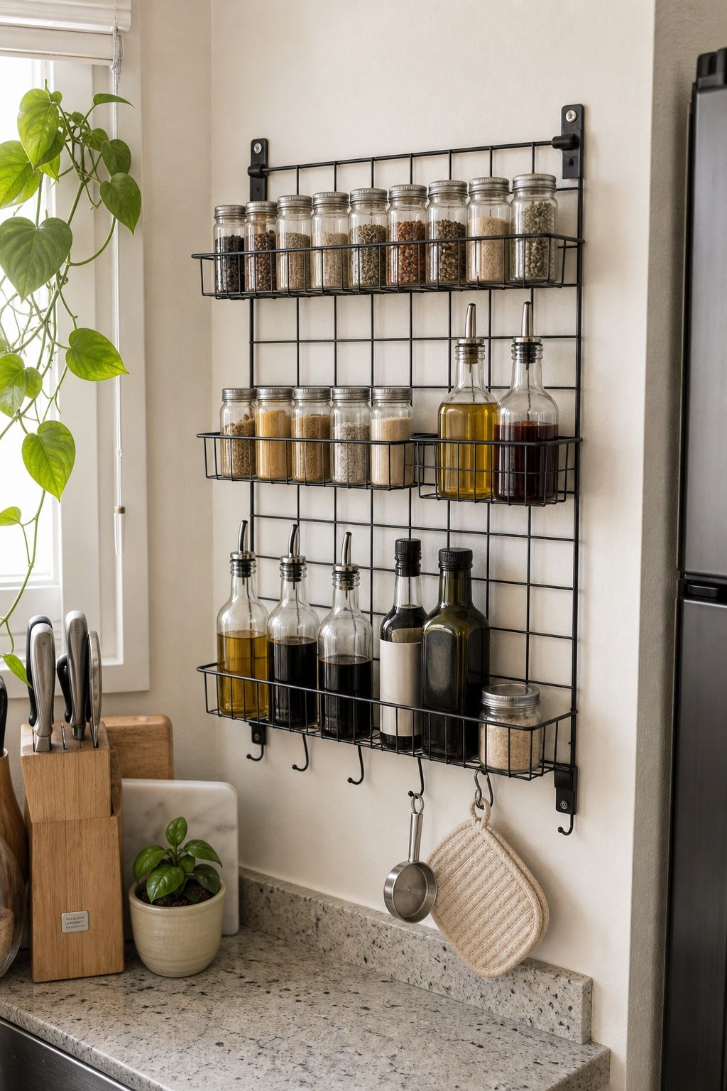 Mount a Wall-Mounted Spice Rack Grid for Spices, Oils, and Vinegars small apartment idea for Top 20 Small Apartment Kitchen Storage Ideas That Double Your Counter Space.