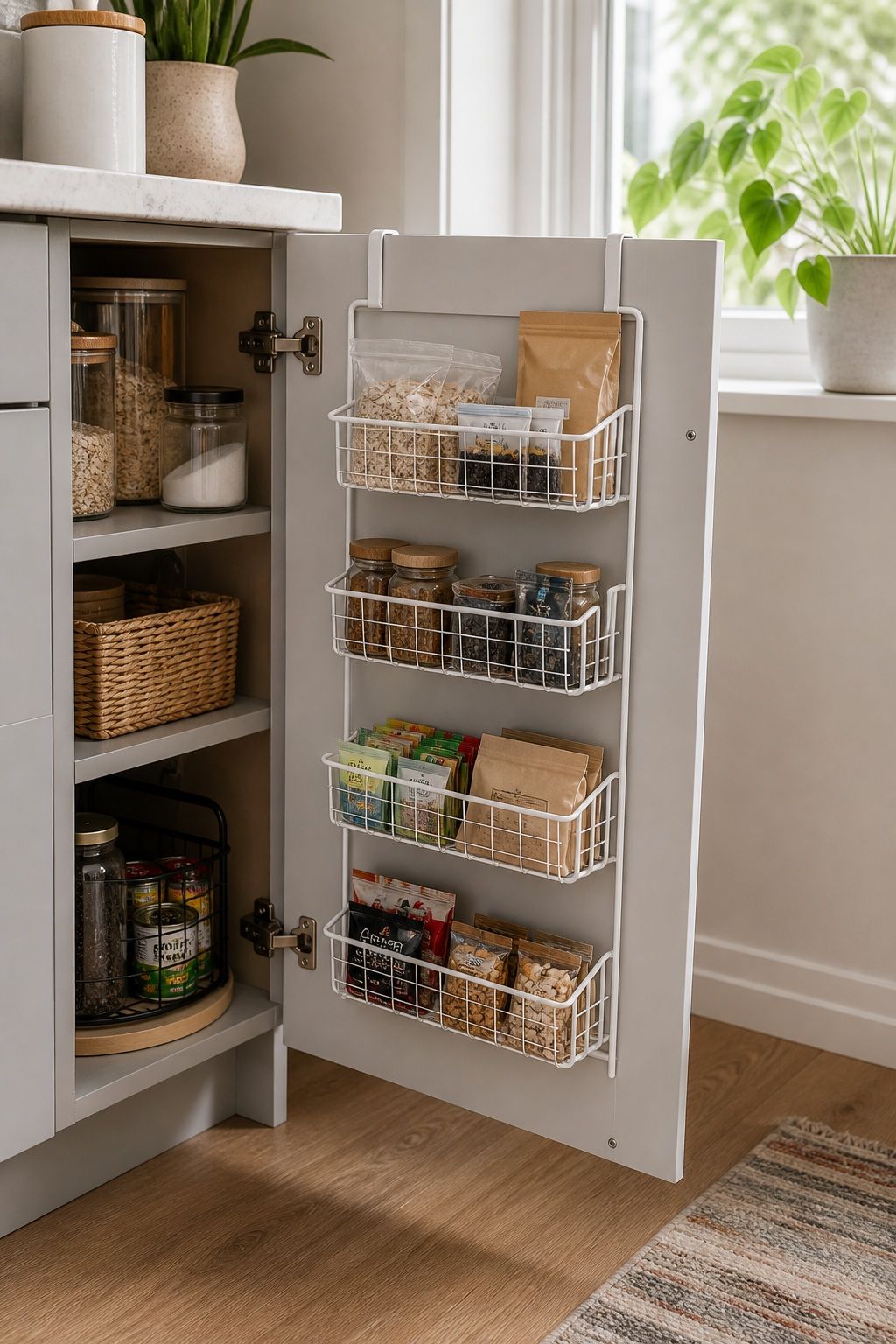Use an Over-Door Organizer on the Inside of Any Cabinet Door for Dry Goods small apartment idea for Top 20 Small Apartment Kitchen Storage Ideas That Double Your Counter Space.