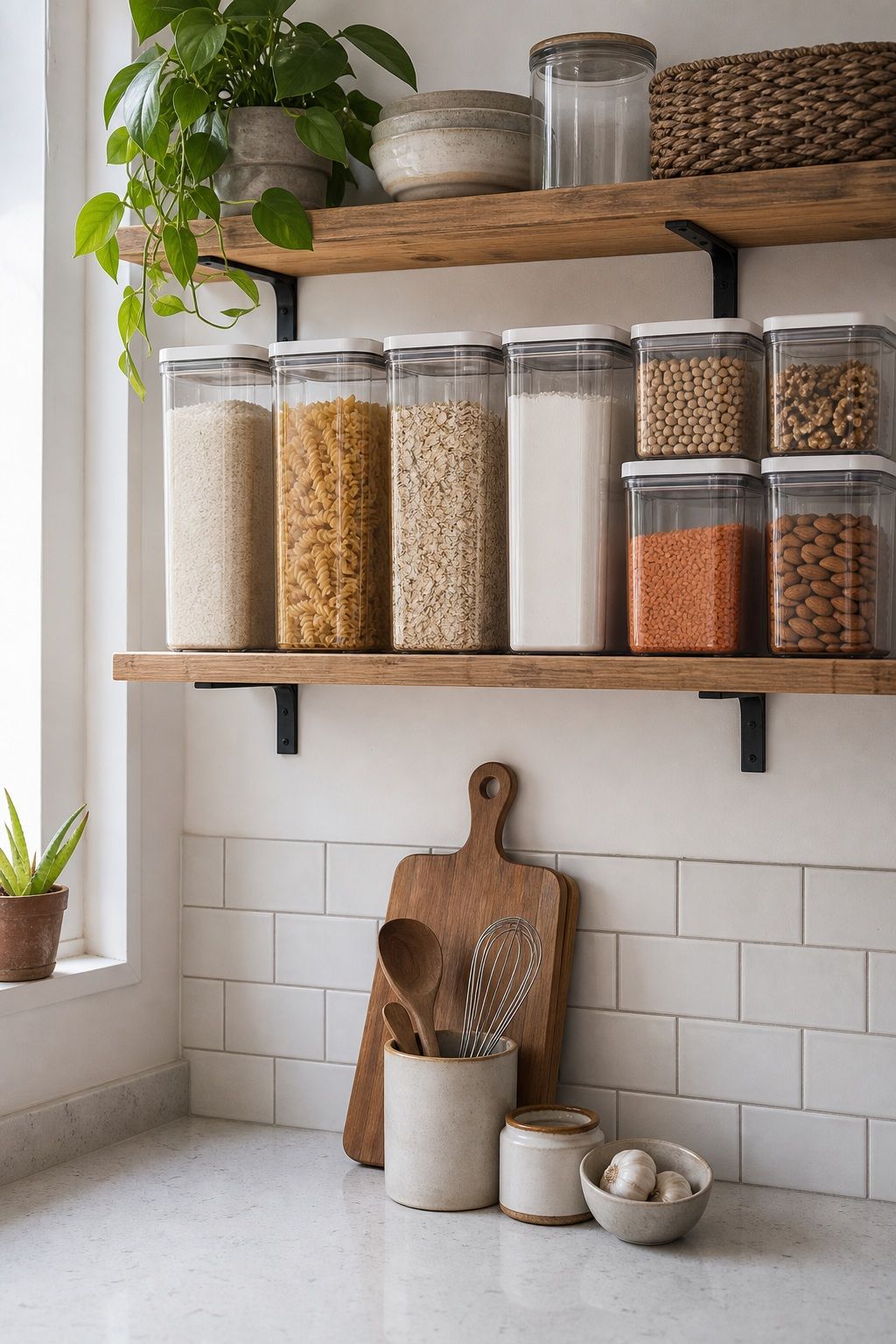 Store Bulk Items in Clear Airtight Containers on an Open Shelf small apartment idea for Top 20 Small Apartment Kitchen Storage Ideas That Double Your Counter Space.