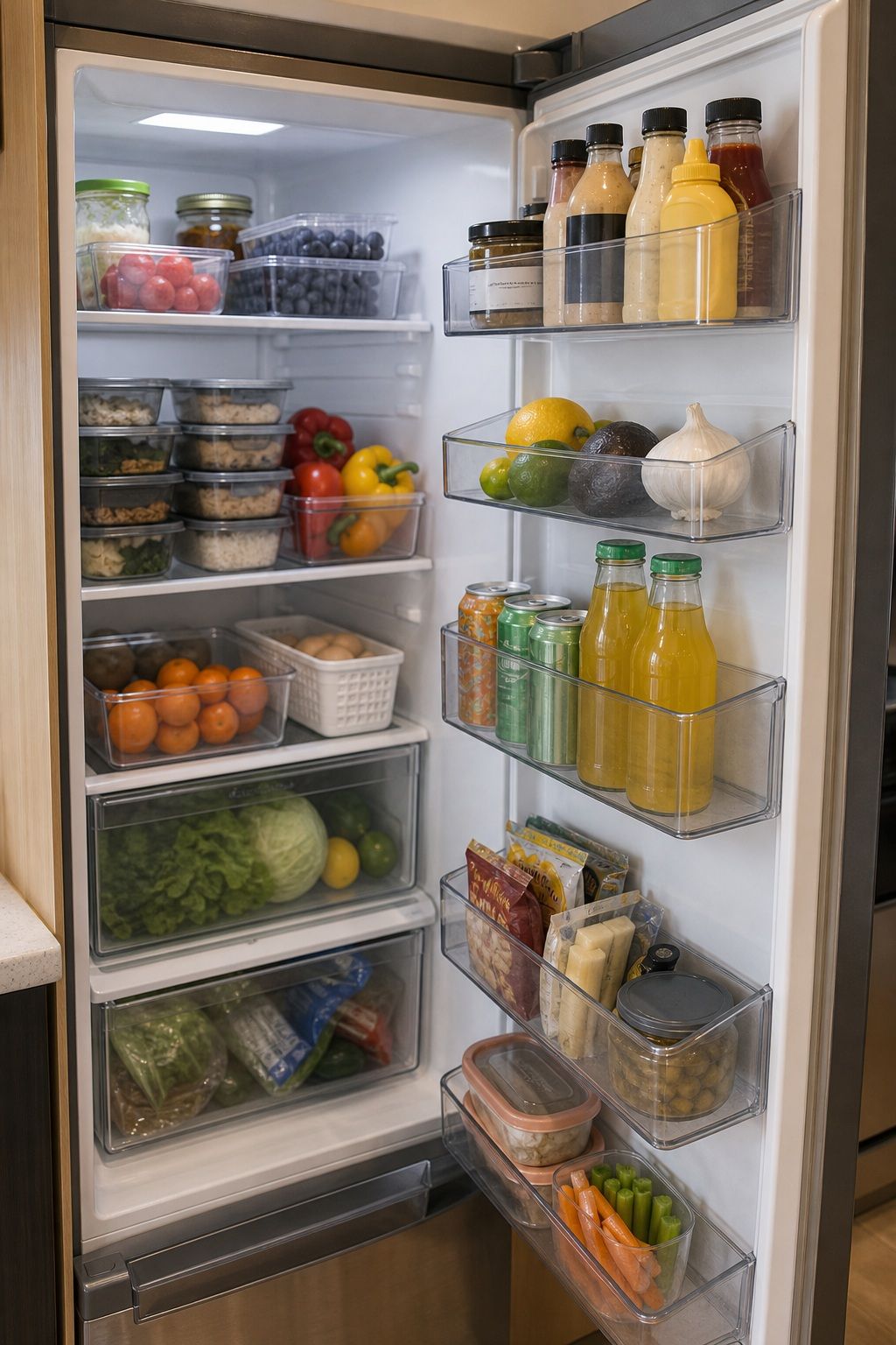 Use Fridge Bins to Zone Your Shelves small apartment idea for Top 20 Small Apartment Kitchen Storage Ideas That Double Your Counter Space.