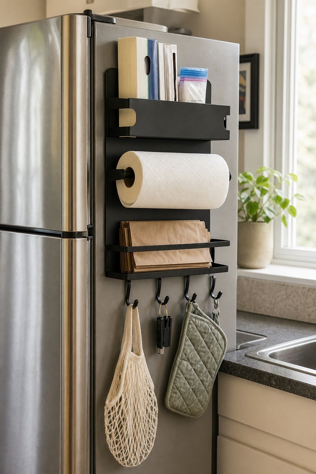 Hang a Magnetic Fridge Organizer on the Side for Paper Towels and Bags small apartment idea for Top 20 Small Apartment Kitchen Storage Ideas That Double Your Counter Space.