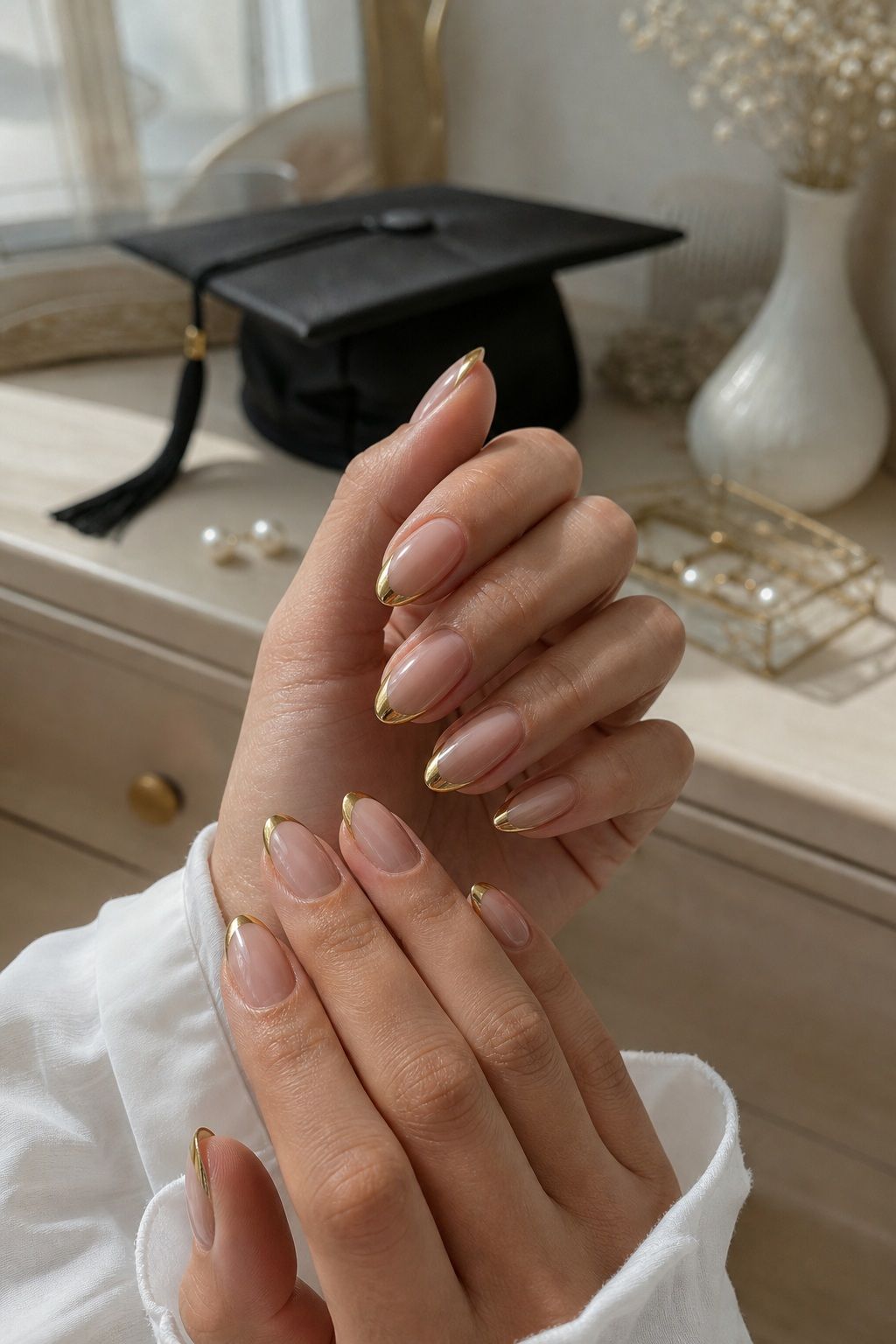 Gold Chrome French Tip small apartment idea for Top 18 Trendy Graduation Nails Ideas for Every Taste.
