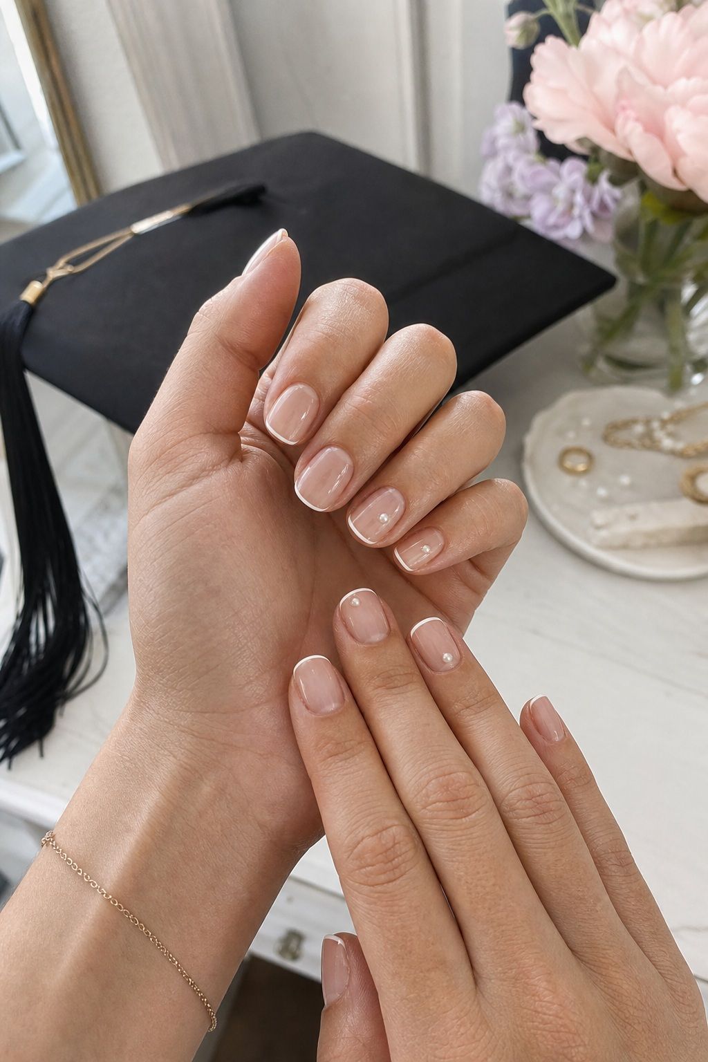 Micro French Tip with Pearl Accent small apartment idea for Top 18 Trendy Graduation Nails Ideas for Every Taste.