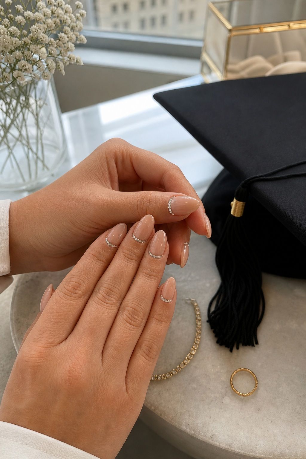 Reverse French (Cuticle Bling) small apartment idea for Top 18 Trendy Graduation Nails Ideas for Every Taste.