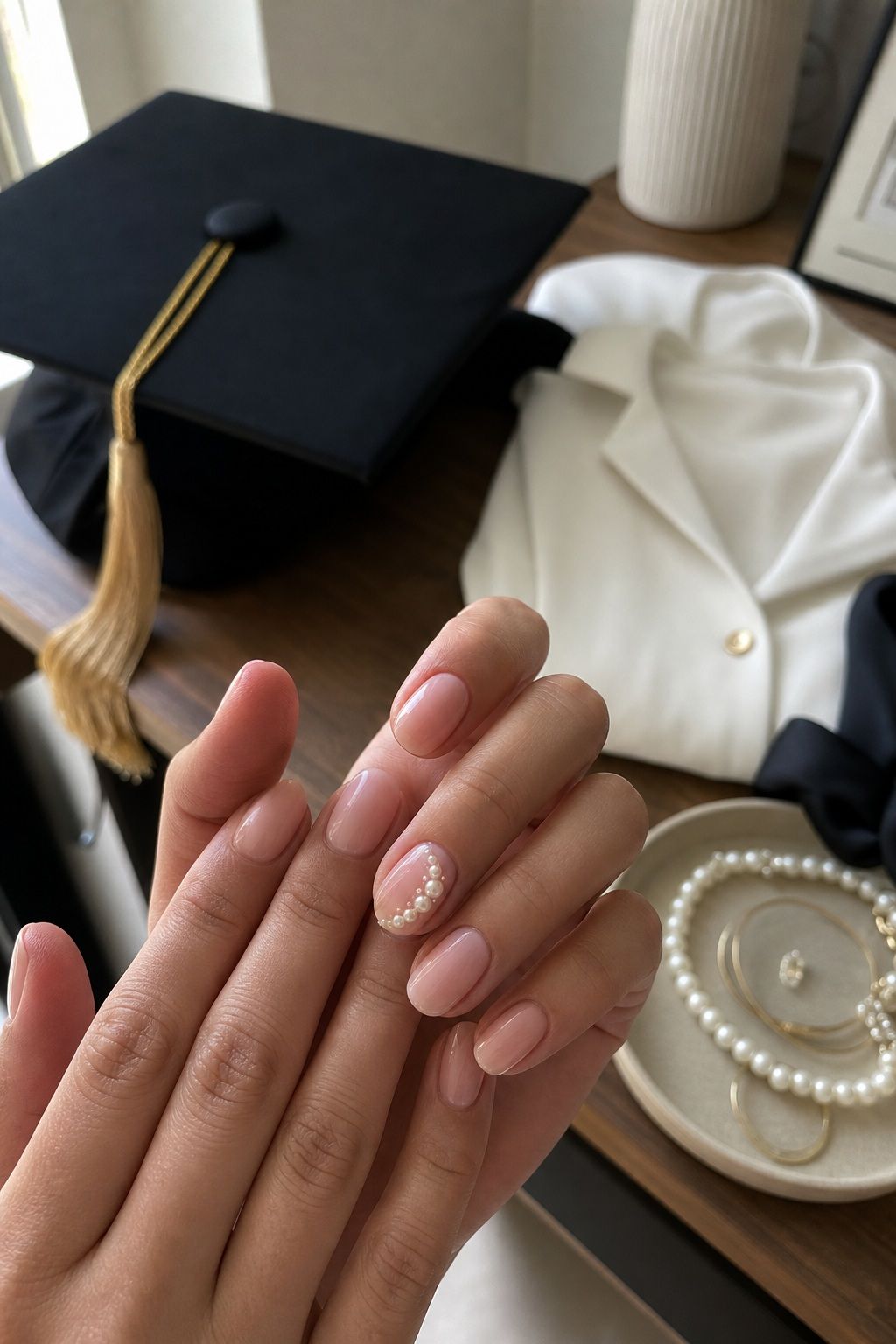 Single Statement Nail with Pearls small apartment idea for Top 18 Trendy Graduation Nails Ideas for Every Taste.