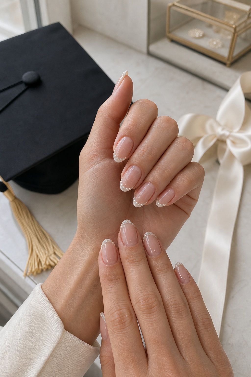 Pearl French Tip small apartment idea for Top 18 Trendy Graduation Nails Ideas for Every Taste.