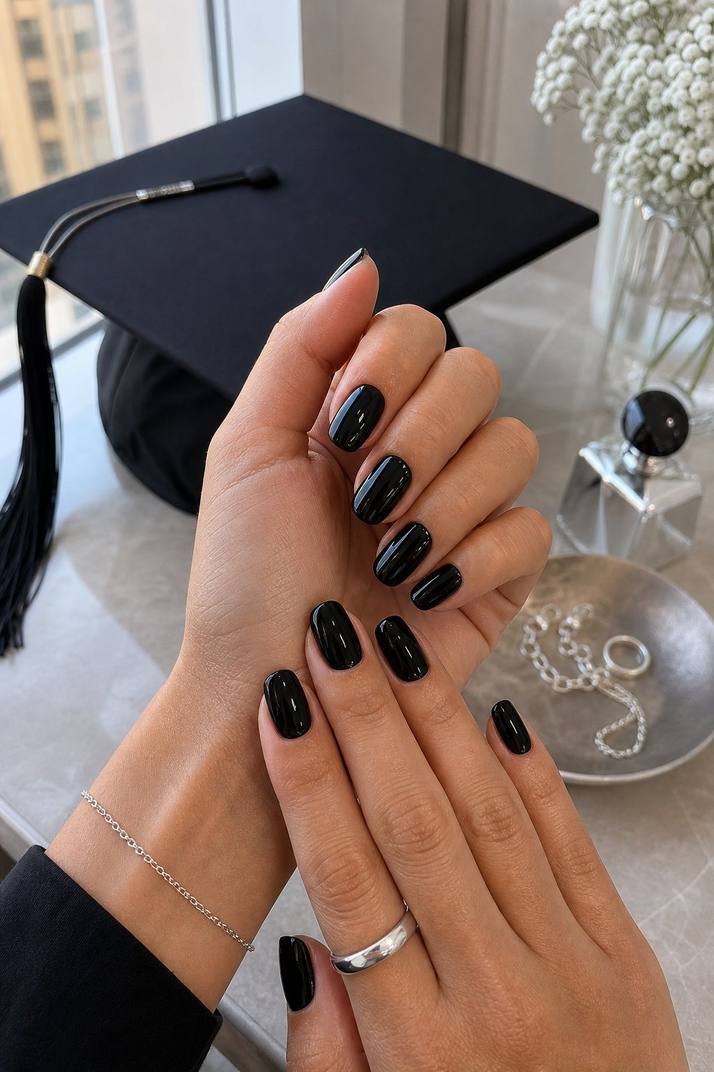Black Glossy Statement Nails small apartment idea for Top 18 Trendy Graduation Nails Ideas for Every Taste.