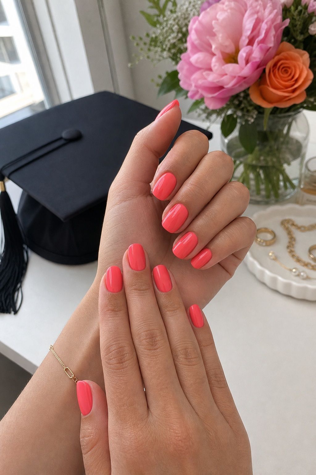 Bright Coral or Hot Pink Polish small apartment idea for Top 18 Trendy Graduation Nails Ideas for Every Taste.