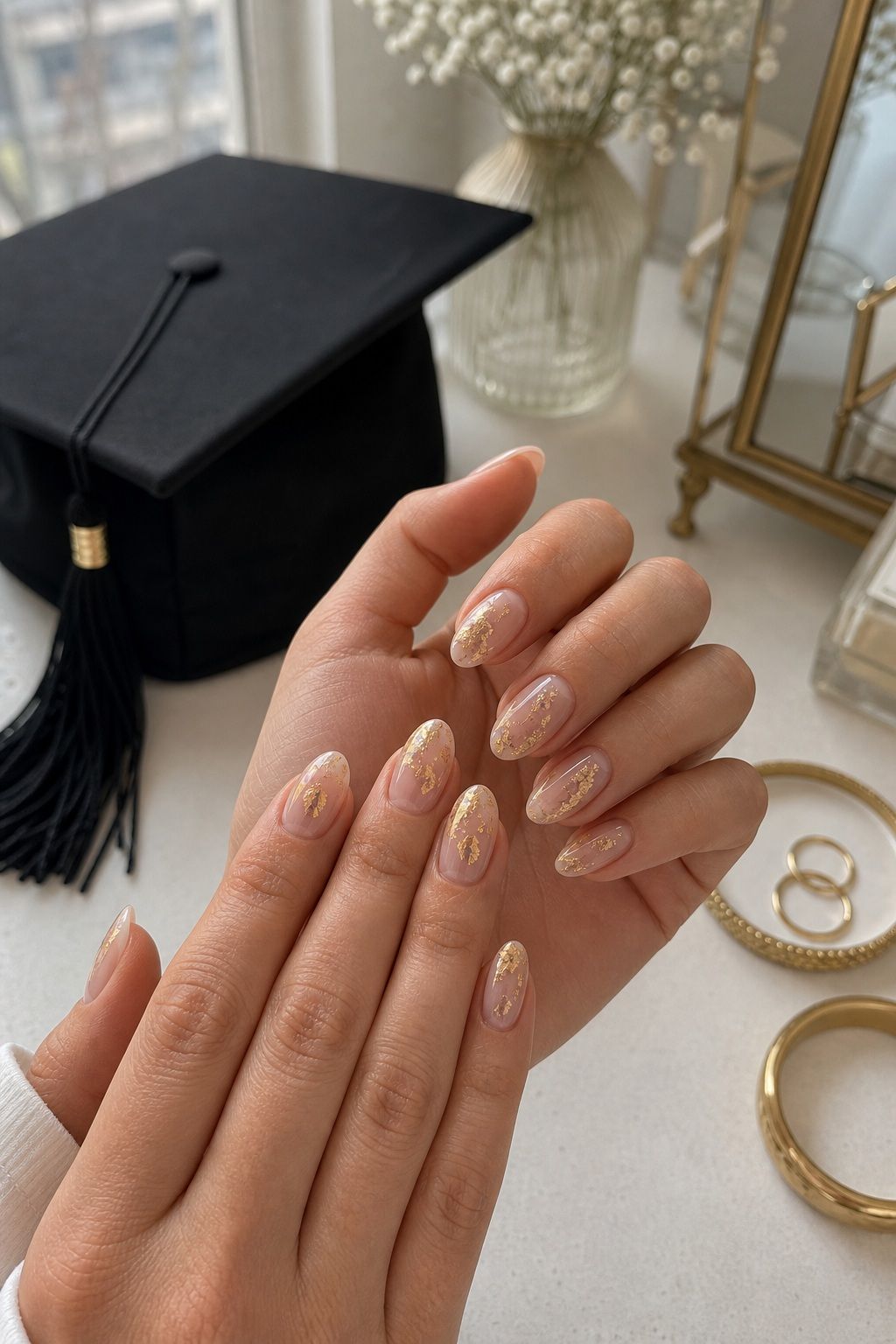 Gold Foil Flake Accents small apartment idea for Top 18 Trendy Graduation Nails Ideas for Every Taste.