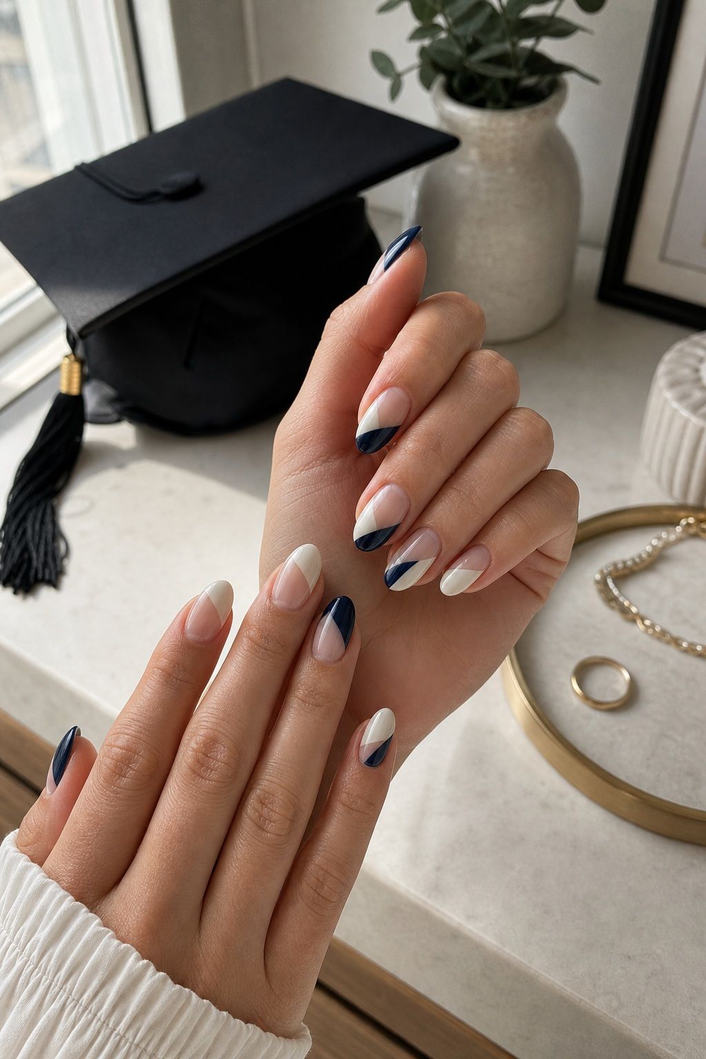 Asymmetric Two-Tone Design small apartment idea for Top 18 Trendy Graduation Nails Ideas for Every Taste.