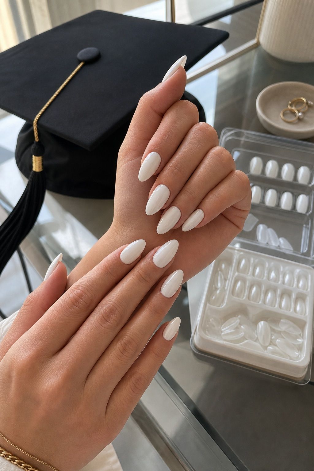 White Almond Press-Ons small apartment idea for Top 18 Trendy Graduation Nails Ideas for Every Taste.