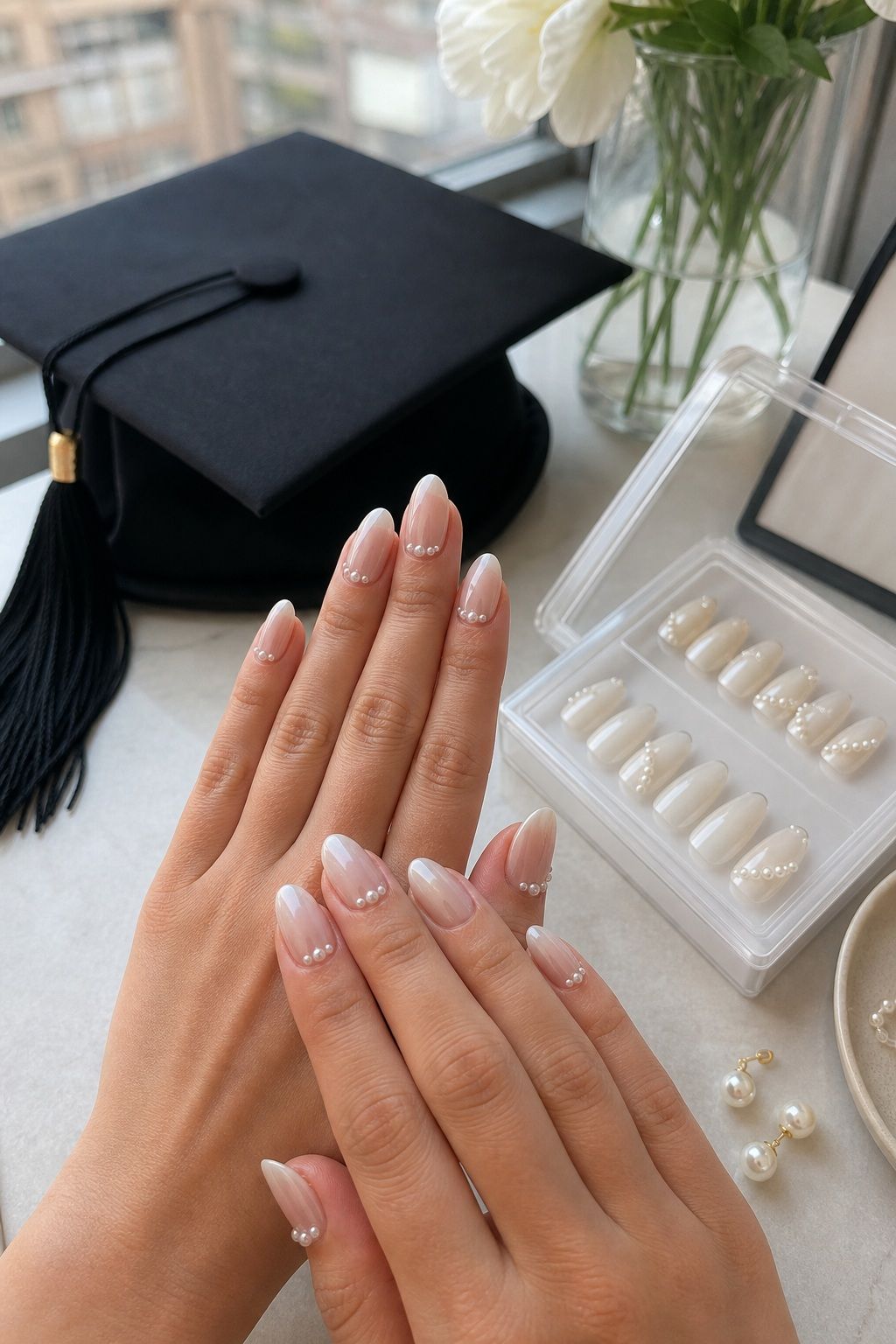 Pearl-Detailed Press-On Sets small apartment idea for Top 18 Trendy Graduation Nails Ideas for Every Taste.