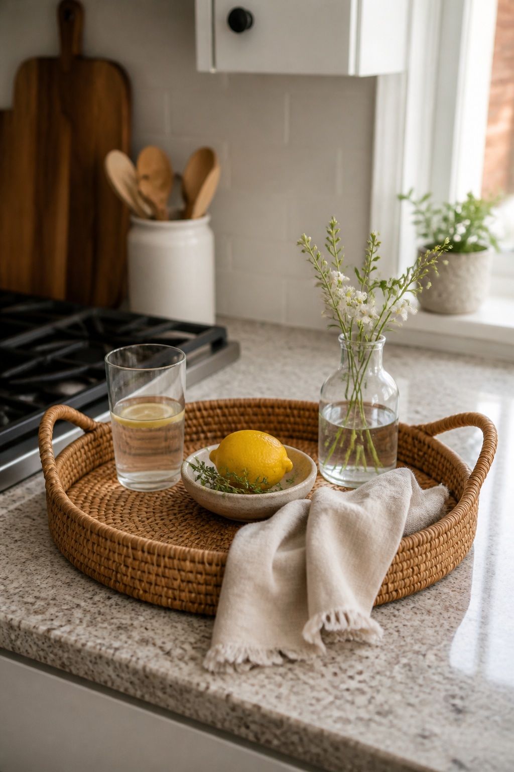 Start With a Wood or Rattan Tray small apartment idea for Top 16 Summer Kitchen Tray Decor Ideas for Small Spaces.