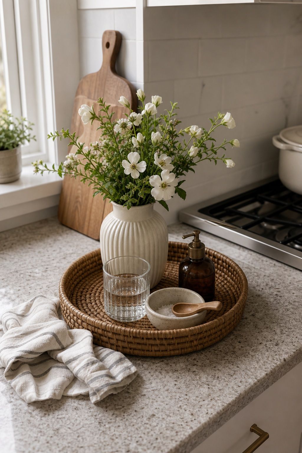 Add a Small Plant or Fresh Flowers small apartment idea for Top 16 Summer Kitchen Tray Decor Ideas for Small Spaces.