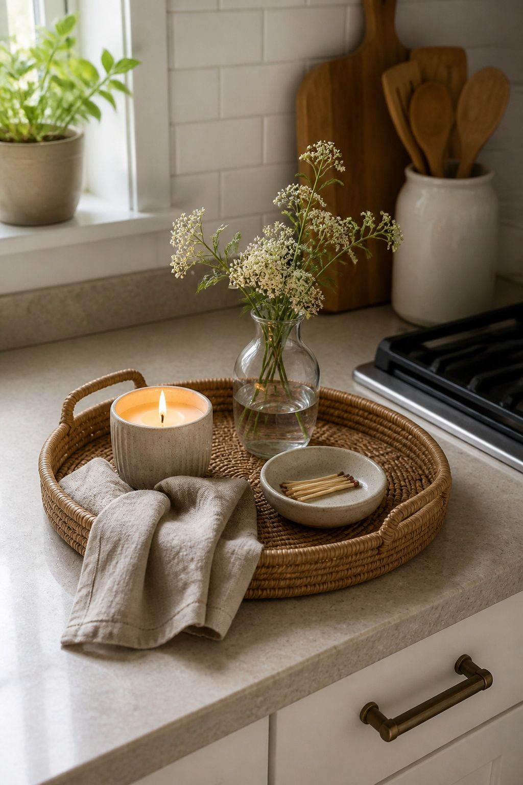 Include a Candle for Warmth small apartment idea for Top 16 Summer Kitchen Tray Decor Ideas for Small Spaces.