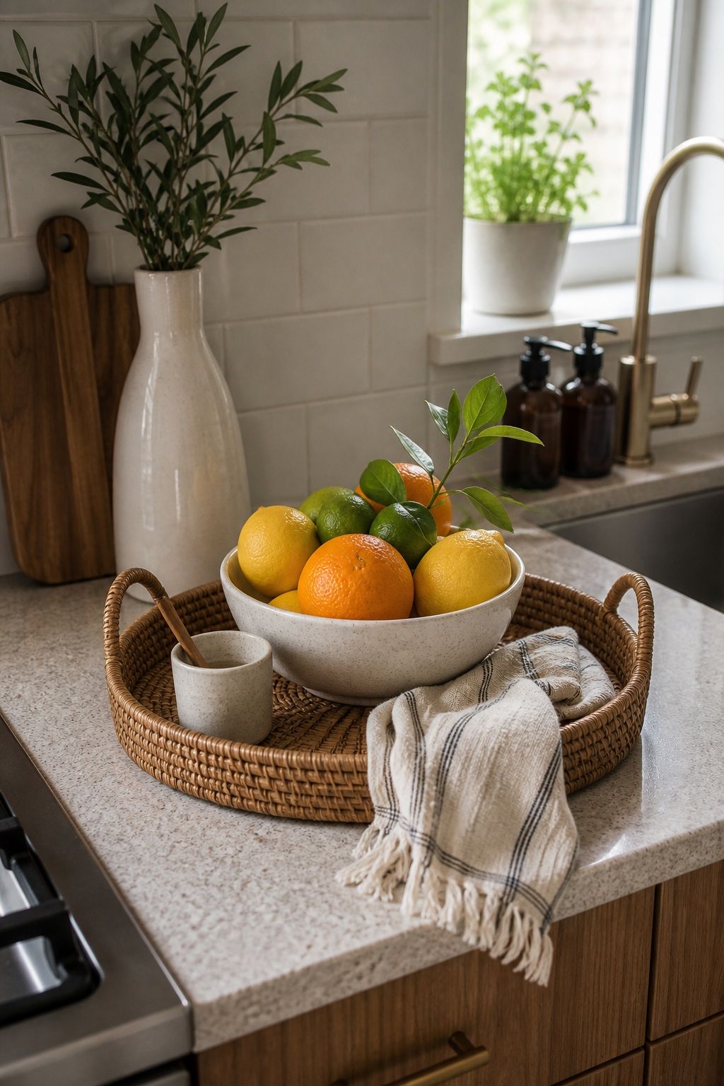 Add a Citrus or Fruit Bowl small apartment idea for Top 16 Summer Kitchen Tray Decor Ideas for Small Spaces.