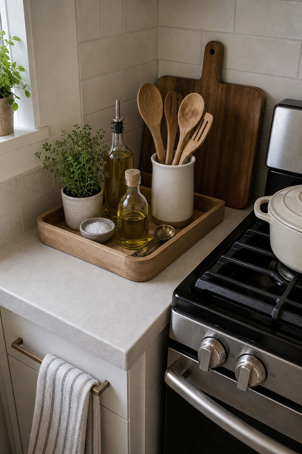 Style a Tray by the Stove small apartment idea for Top 16 Summer Kitchen Tray Decor Ideas for Small Spaces.