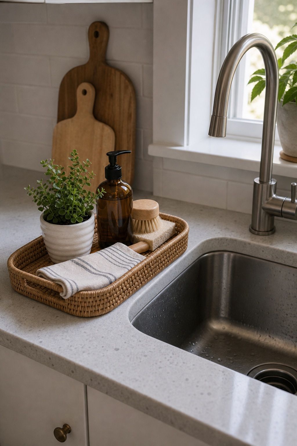 Use a Tray to Define the Sink Zone small apartment idea for Top 16 Summer Kitchen Tray Decor Ideas for Small Spaces.