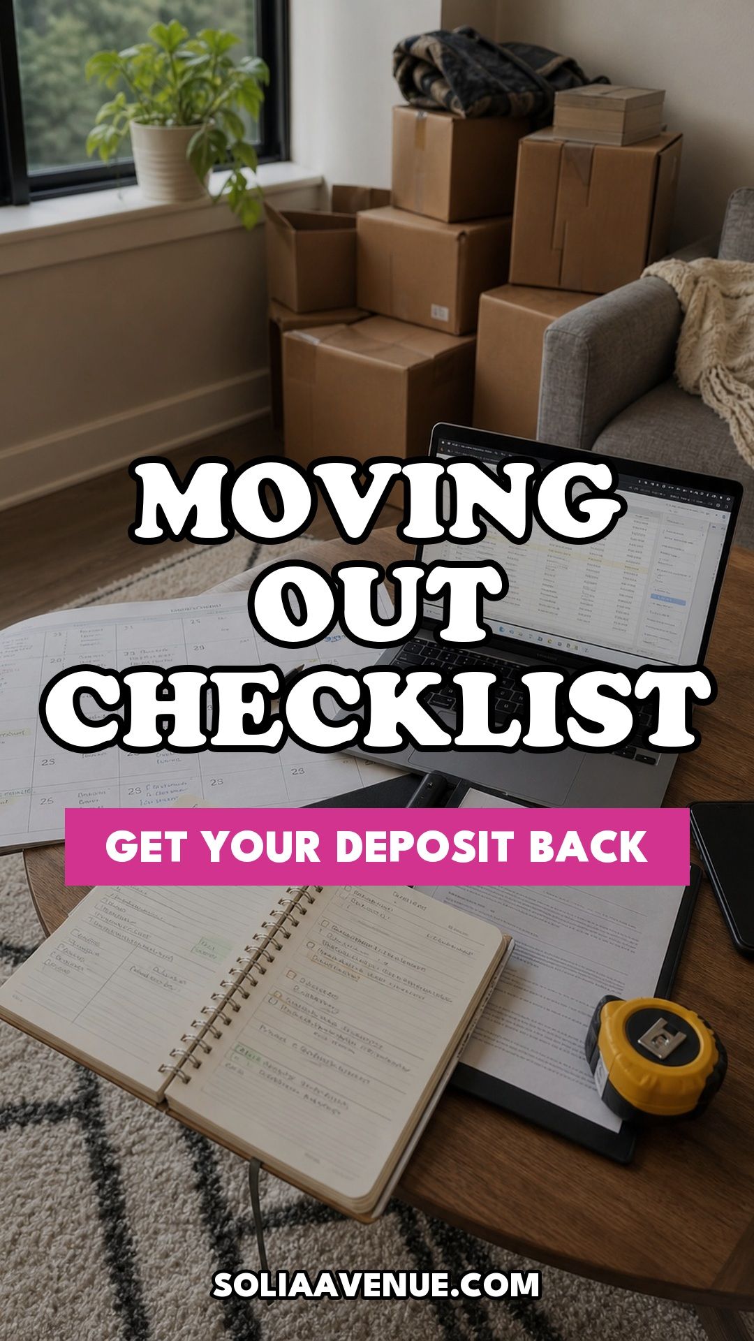 Pinterest pin for Apartment Moving-Out Checklist: Get Your Full Security Deposit Back from Solia Avenue.