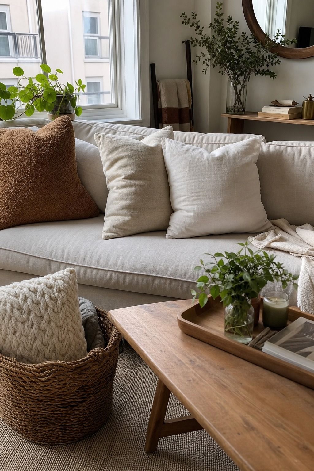 Swap Heavy Throw Pillows for Linen and Cotton Covers small apartment idea for Top 18 Apartment Summer Decor Ideas to Refresh Every Room.