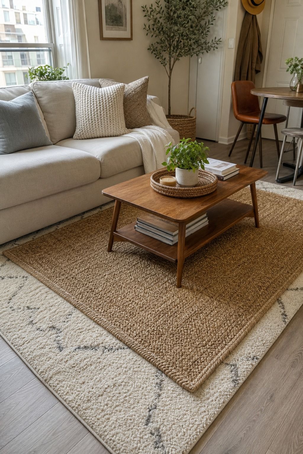Layer a Jute or Sisal Area Rug Over Your Existing Rug small apartment idea for Top 18 Apartment Summer Decor Ideas to Refresh Every Room.