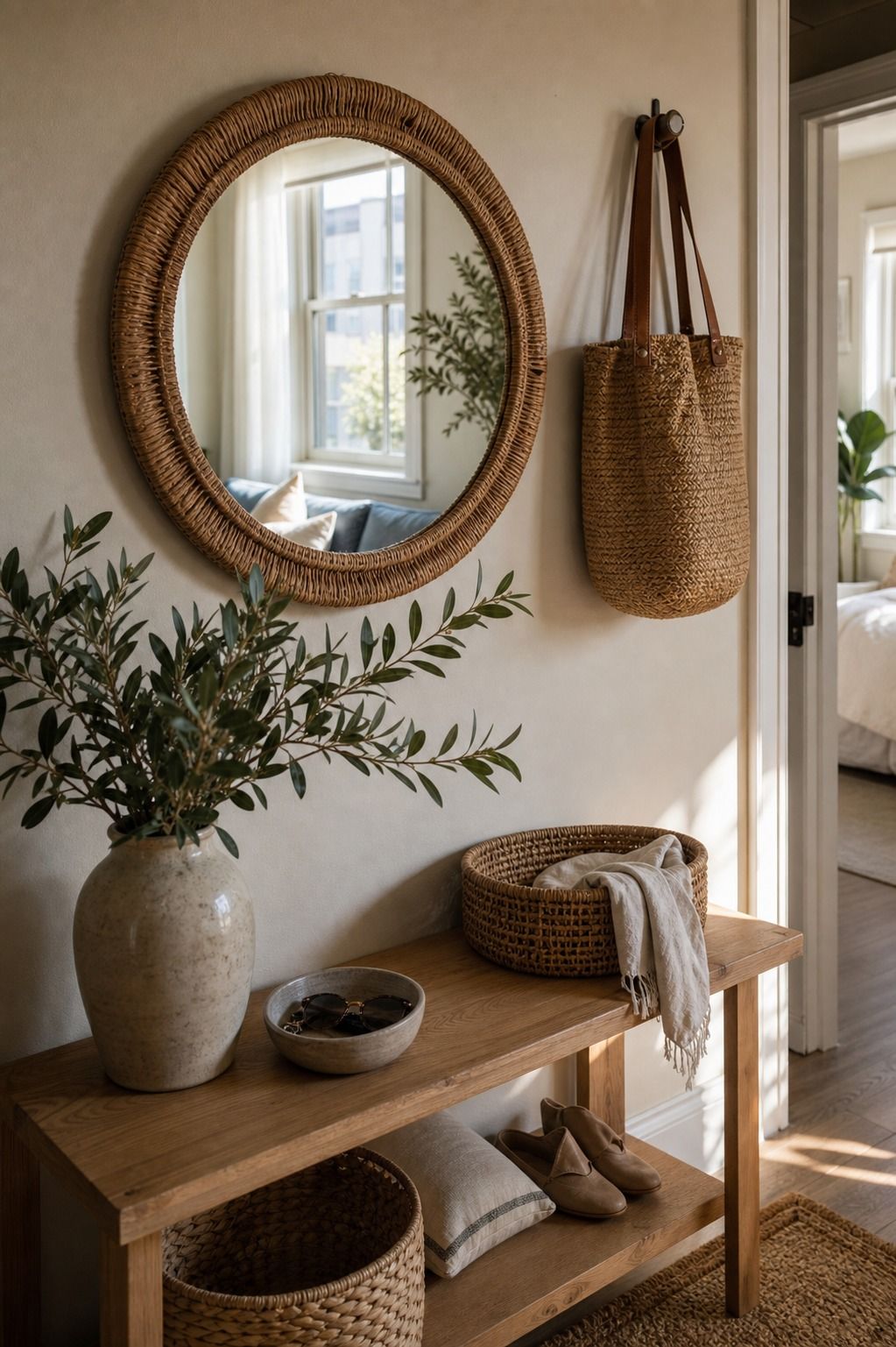 Add a Round Rattan Mirror to Bounce Natural Light small apartment idea for Top 18 Apartment Summer Decor Ideas to Refresh Every Room.