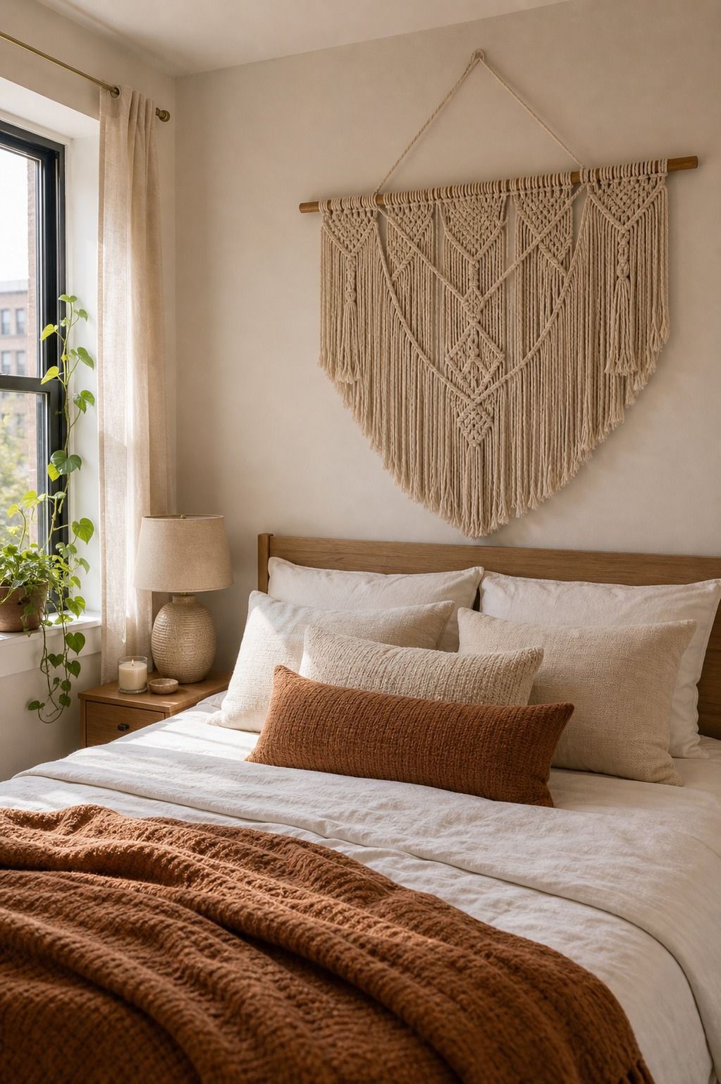 Hang a MacramÃ© Wall Piece Above the Bed small apartment idea for Top 18 Apartment Summer Decor Ideas to Refresh Every Room.