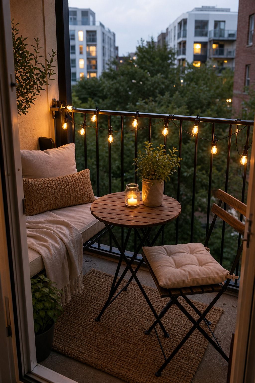 Drape String Lights Across the Railing small apartment idea for Top 18 Apartment Summer Decor Ideas to Refresh Every Room.