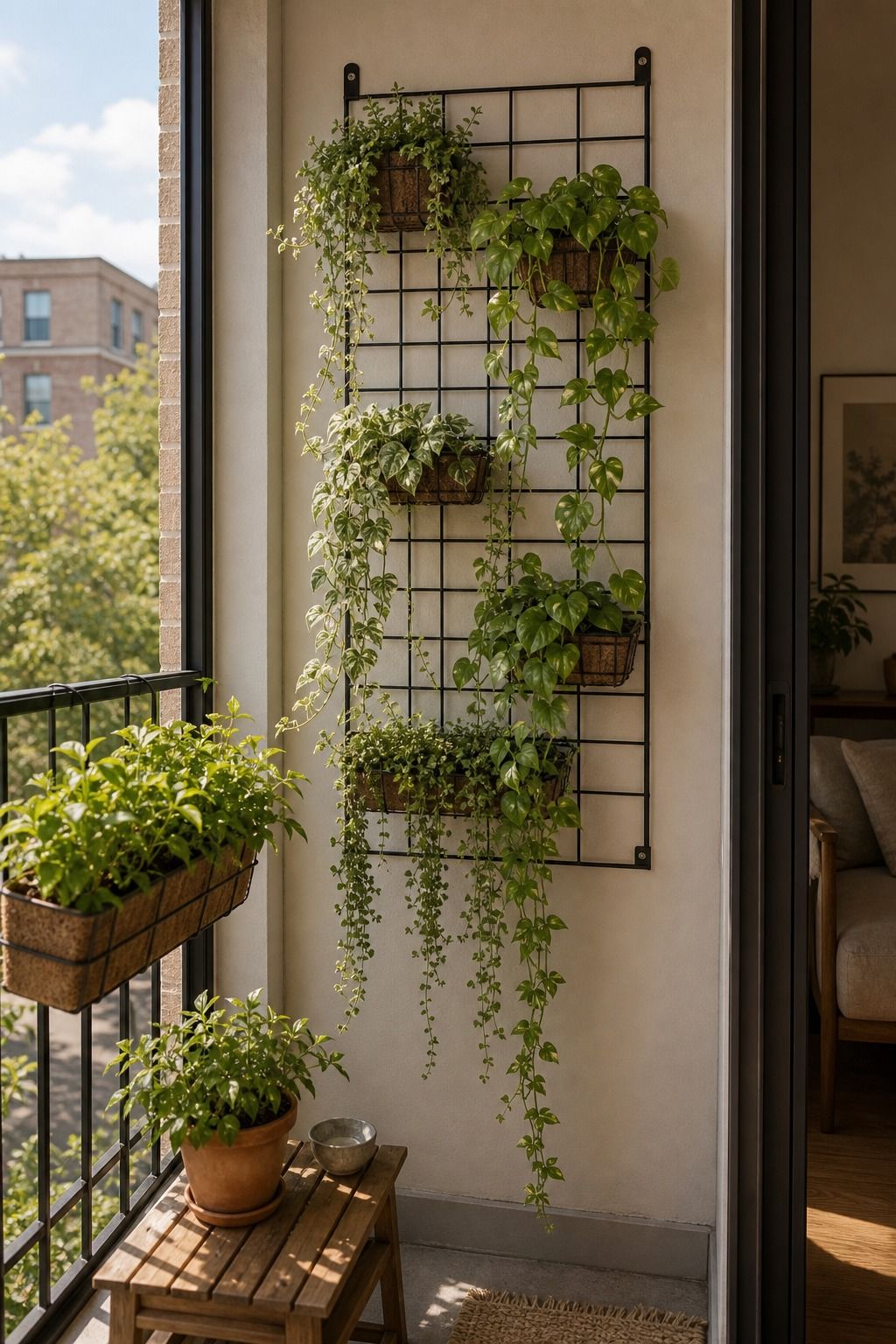 Hang Trailing Plants in a Vertical Garden Frame small apartment idea for Top 18 Apartment Summer Decor Ideas to Refresh Every Room.