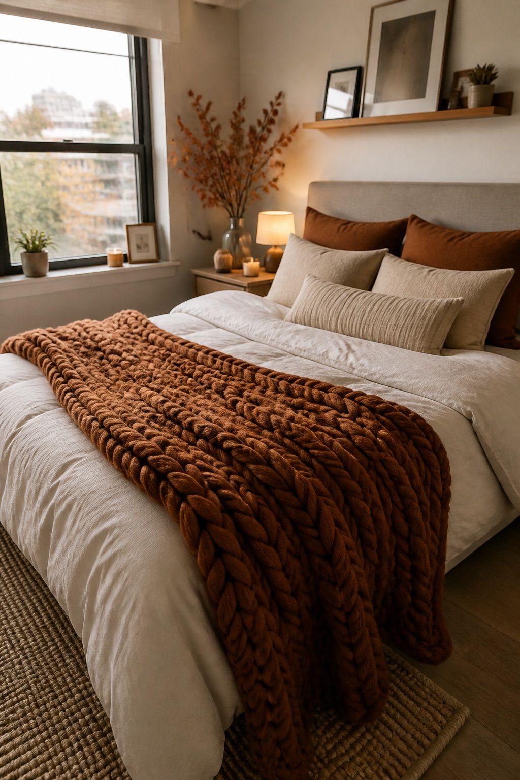 Layer in a Chunky Knit Throw small apartment idea for Top 18 Autumn Decor Ideas for Bedrooms in Small Apartments.