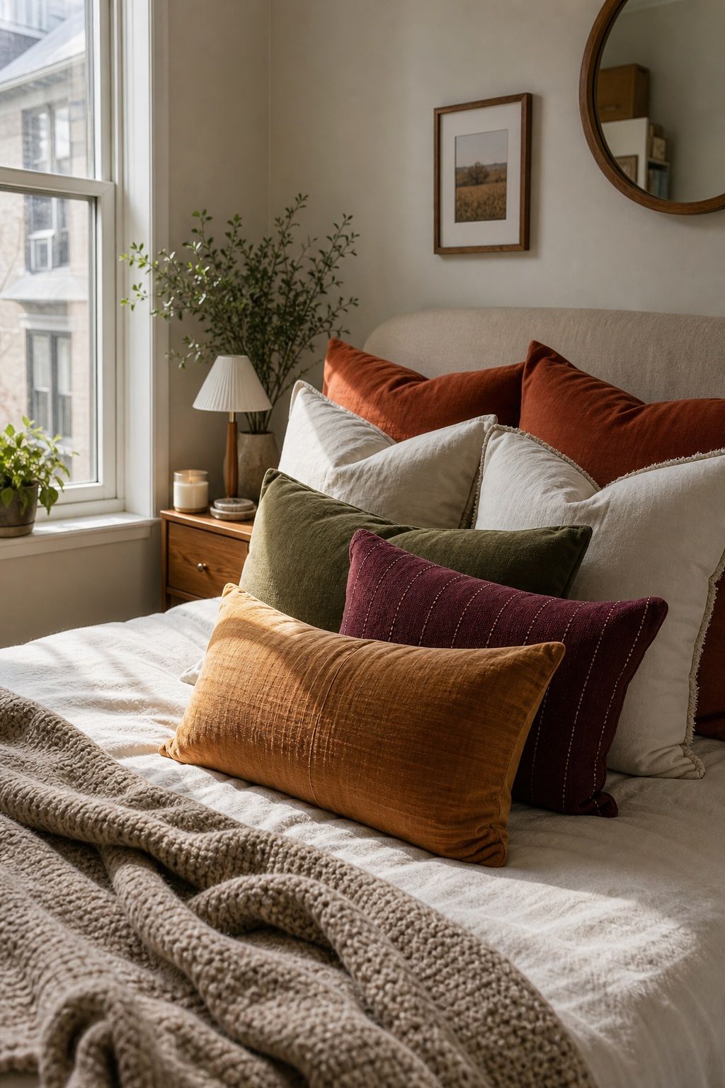 Swap to Fall-Toned Pillow Covers small apartment idea for Top 18 Autumn Decor Ideas for Bedrooms in Small Apartments.