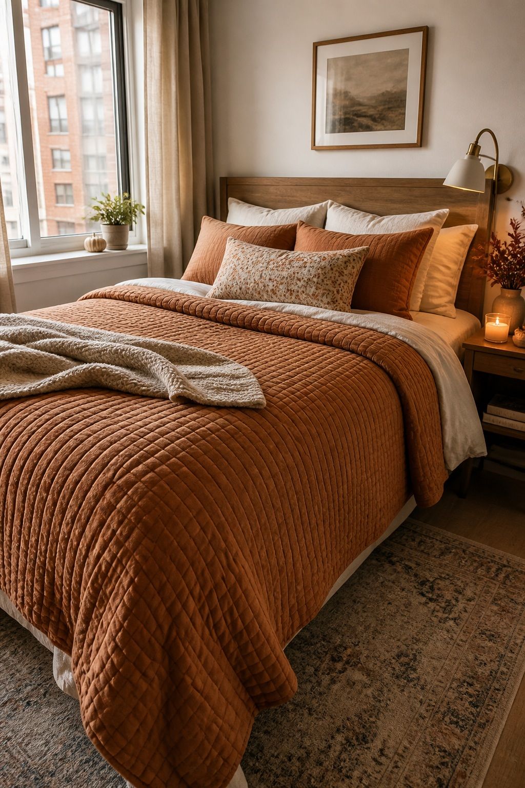 Add a Textured Duvet or Coverlet small apartment idea for Top 18 Autumn Decor Ideas for Bedrooms in Small Apartments.