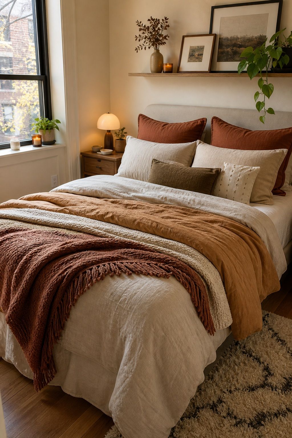 Build the Bed With Depth, Not Just Color small apartment idea for Top 18 Autumn Decor Ideas for Bedrooms in Small Apartments.