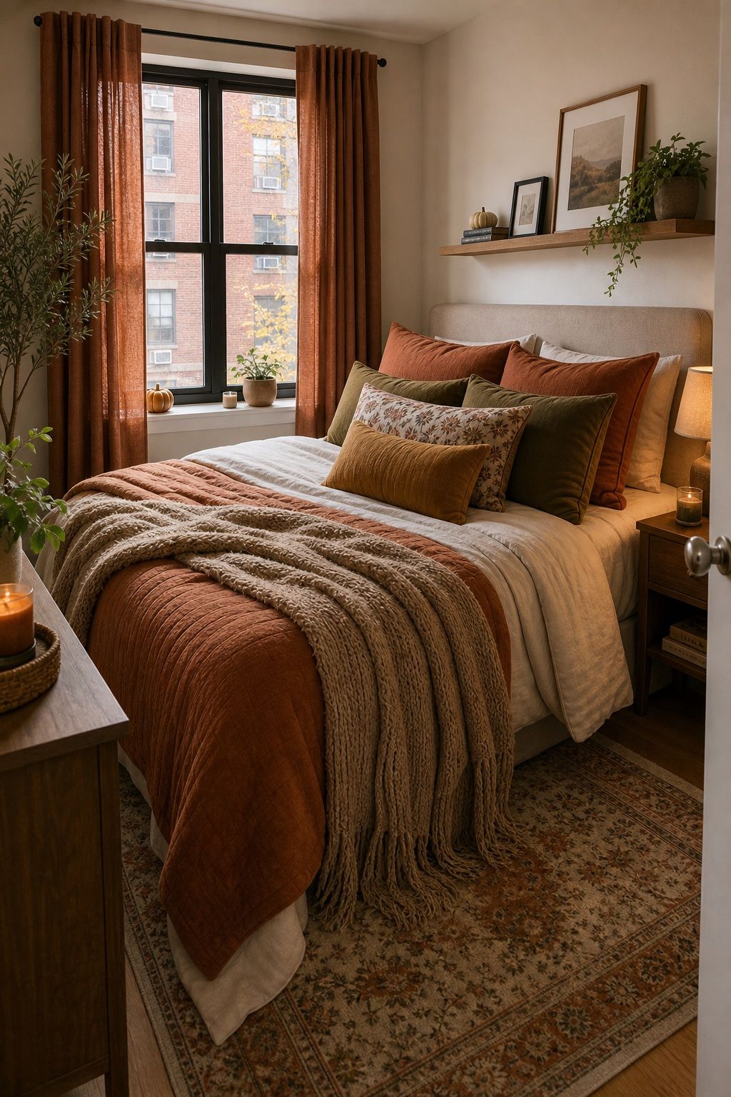 Bring the Palette In Through Textiles small apartment idea for Top 18 Autumn Decor Ideas for Bedrooms in Small Apartments.