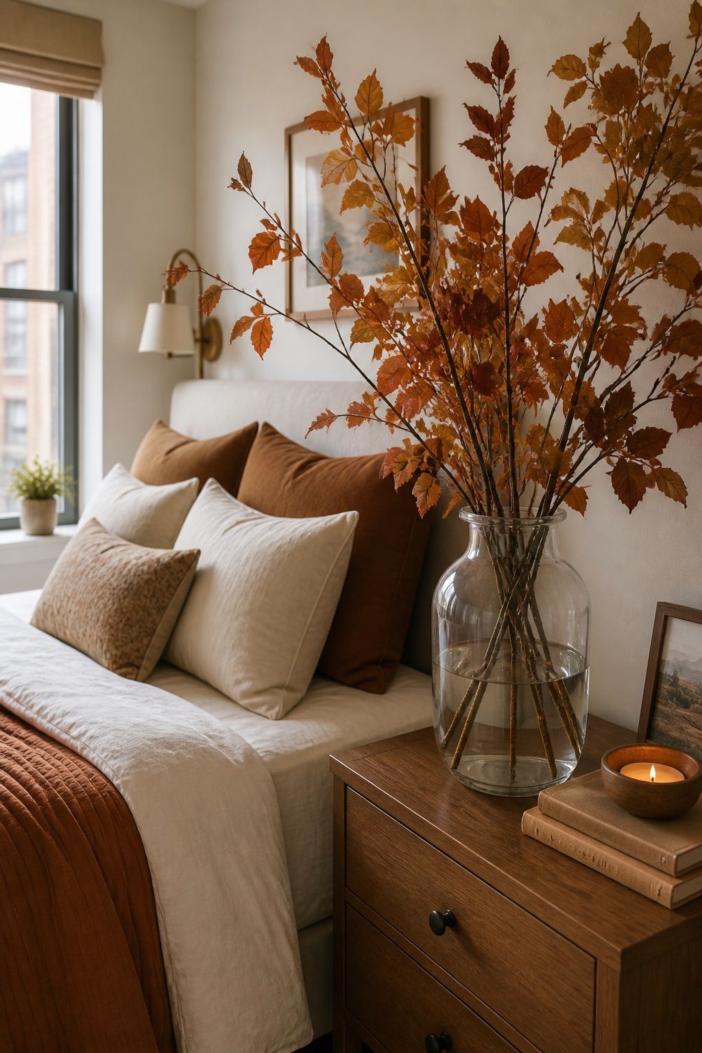 Add Fall Branches in a Glass Vase small apartment idea for Top 18 Autumn Decor Ideas for Bedrooms in Small Apartments.