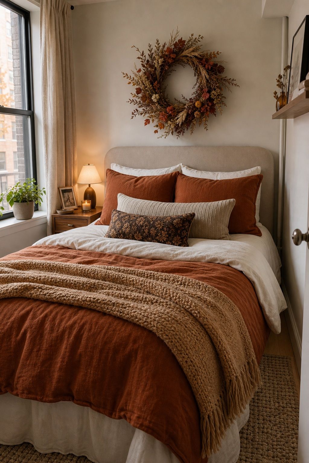 Add a Wreath Above the Headboard small apartment idea for Top 18 Autumn Decor Ideas for Bedrooms in Small Apartments.