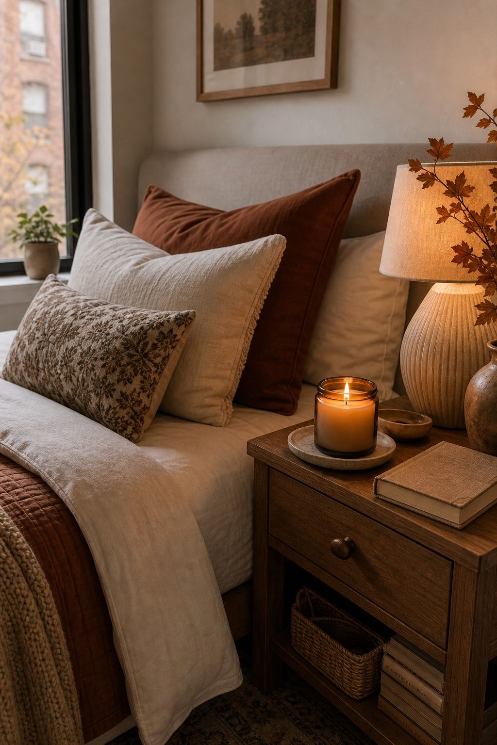 Add a Scented Candle to the Nightstand small apartment idea for Top 18 Autumn Decor Ideas for Bedrooms in Small Apartments.