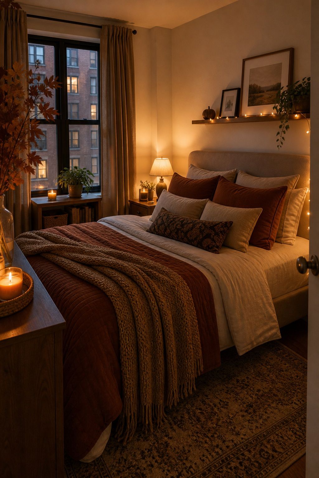 Warm Up the Lighting small apartment idea for Top 18 Autumn Decor Ideas for Bedrooms in Small Apartments.